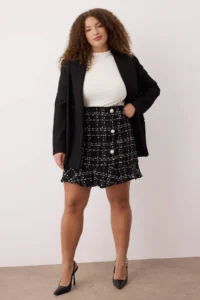 Trendyol Curve Black Tweed Plaid/Checkered Mini Weaving Plus Size Skirt