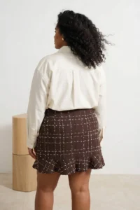 Trendyol Curve Brown Tweed Plaid/Checkered Mini Weaving Plus Size Skirt - Image 2