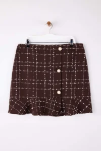 Trendyol Curve Brown Tweed Plaid/Checkered Mini Weaving Plus Size Skirt - Image 3
