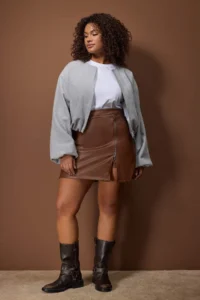 Trendyol Curve Brown Faux Leather Mini Zipper Detailed Winter Weaving Plus Size Skirt