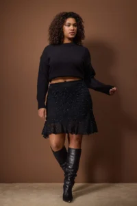 Trendyol Curve Black Skirt Tip Frilly Knitting Lace Plus Size Skirt
