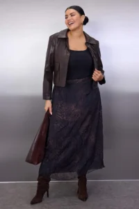 Trendyol Curve Khaki Pilili animals Patterned Midi Weaving Plus Size Skirt