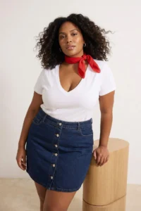Trendyol Curve Dark Blue Buttoned Front 100% Cotton Non-Stretch Plus Size Denim Skirt