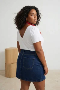 Trendyol Curve Dark Blue Buttoned Front 100% Cotton Non-Stretch Plus Size Denim Skirt - Image 3