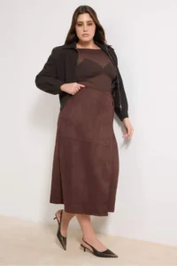 Trendyol Curve Brown Suede Midi Plus Size Skirt - Image 2