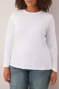 Trendyol Curve White 100% Cotton Long Sleeve Crew Neck Regular Basic Knitting Plus Size T-Shirt - Image 3