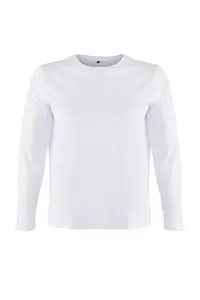 Trendyol Curve White 100% Cotton Long Sleeve Crew Neck Regular Basic Knitting Plus Size T-Shirt - Image 5