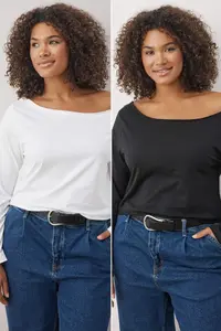 Trendyol Curve Black-White 2 Sets Paket 100% Cotton Asymmetric Boat Neck Crop Knitting T-Shirt