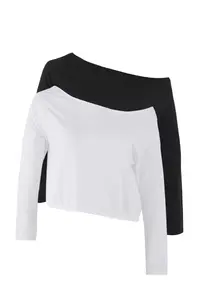 Trendyol Curve Black-White 2 Sets Paket 100% Cotton Asymmetric Boat Neck Crop Knitting T-Shirt - Image 7