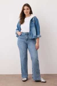 Trendyol Curve Mavi High Waist slit Elastic Waist Zipper Detailed plus size jeans - Image 2