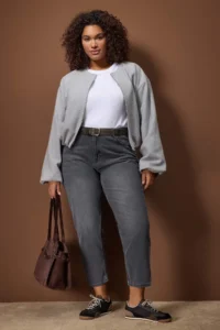 Trendyol Curve Anthracite Yüksel Waist Destroy Detailed 100% Cotton Non-Stretch Plus Size Mom jeans - Image 2