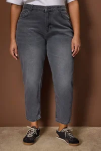 Trendyol Curve Anthracite Yüksel Waist Destroy Detailed 100% Cotton Non-Stretch Plus Size Mom jeans - Image 3