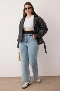 Trendyol Curve Mavi High Waist Elastic Waist Geni Hem Plus Size Wide Leg jeans