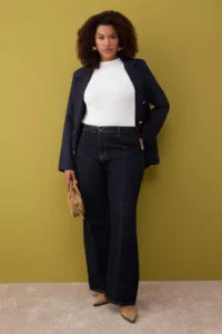 Trendyol Curve Dark Blue High Waist Arched Wide Leg denim plus size jeans - Image 2