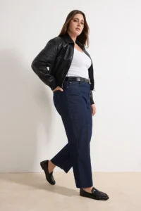 Trendyol Curve Dark Blue Cut-Out High Waist 100% Cotton Non-Stretch Straight Fit jeans - Image 2