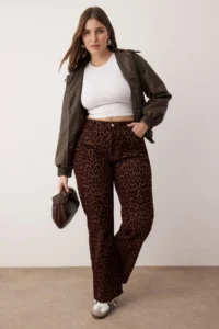 Trendyol Curve Brown Suede Look Leopard Patterned High Waist Plus Size Wide Leg jeans