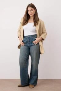 Trendyol Curve More Sustainable Blue Faded Effect Vintage Wash 100% Cotton Wide Leg/Wide Leg jeans