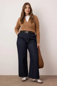 Trendyol Curve Dark Blue Stitching Detailed High Waist Plus Size Wide Leg jeans