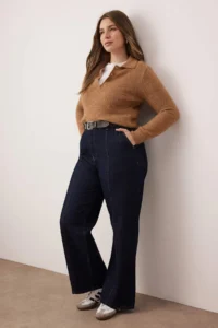 Trendyol Curve Dark Blue Stitching Detailed High Waist Plus Size Wide Leg jeans - Image 2