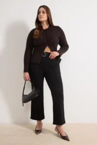 Trendyol Curve Non-fading Black High Waist Rib Detailed Flexible Wideleg/Wide Leg plus size jeans