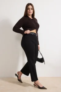 Trendyol Curve Non-fading Black High Waist Rib Detailed Flexible Wideleg/Wide Leg plus size jeans - Image 2
