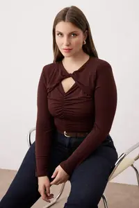 Trendyol Curve Brown Bottom snaps Knitting Plus Size Bodysuit