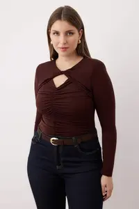 Trendyol Curve Brown Bottom snaps Knitting Plus Size Bodysuit - Image 2