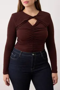 Trendyol Curve Brown Bottom snaps Knitting Plus Size Bodysuit - Image 3