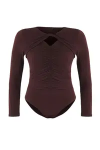 Trendyol Curve Brown Bottom snaps Knitting Plus Size Bodysuit - Image 5