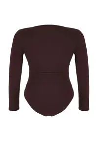 Trendyol Curve Brown Bottom snaps Knitting Plus Size Bodysuit - Image 7