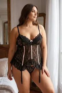 Trendyol Curve Black Gartered Wireless Frilly Panty Lace Sleeveless Babydoll/Lingerie Nightgown
