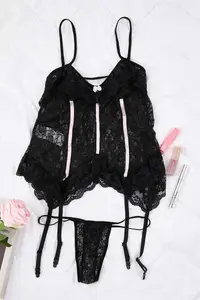 Trendyol Curve Black Gartered Wireless Frilly Panty Lace Sleeveless Babydoll/Lingerie Nightgown - Image 2