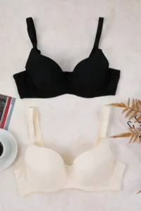 Trendyol Curve Black-Ecru 2 Sets Paket T-Shirt Bra Sabit Covered without filling Plus Size Bra - Image 2