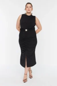 Trendyol Curve Black bodycone/Fitting Arched Drape and slit Knitting Dress - Image 2