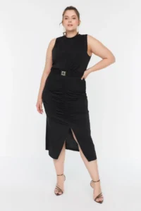 Trendyol Curve Black bodycone/Fitting Arched Drape and slit Knitting Dress - Image 3