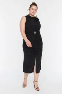 Trendyol Curve Black bodycone/Fitting Arched Drape and slit Knitting Dress - Image 4