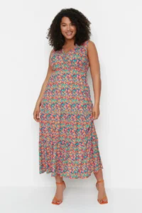 Trendyol Curve Multicolored A-line flower patterned V-neck Knitting Plus Size Dress