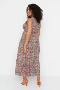 Trendyol Curve Multicolored A-line flower patterned V-neck Knitting Plus Size Dress - Image 5