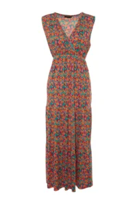 Trendyol Curve Multicolored A-line flower patterned V-neck Knitting Plus Size Dress - Image 8