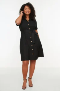 Trendyol Curve Black Belted Weaving buttoned Midi Plus Size Shirt Dress
