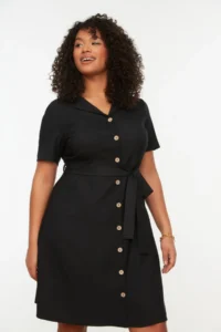 Trendyol Curve Black Belted Weaving buttoned Midi Plus Size Shirt Dress - Image 3
