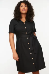 Trendyol Curve Black Belted Weaving buttoned Midi Plus Size Shirt Dress - Image 4