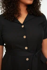 Trendyol Curve Black Belted Weaving buttoned Midi Plus Size Shirt Dress - Image 5