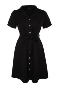 Trendyol Curve Black Belted Weaving buttoned Midi Plus Size Shirt Dress - Image 7