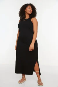 Trendyol Curve Black Plain Kesim slit Maxi/LONG 100% Cotton Knitting Dress - Image 2