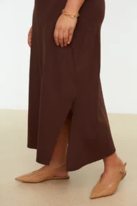 Trendyol Curve Dark Brown shift Crew Neck slit 100% Cotton Maxi/LONG Knitting Dress - Image 4
