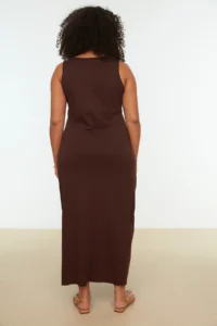 Trendyol Curve Dark Brown shift Crew Neck slit 100% Cotton Maxi/LONG Knitting Dress - Image 5