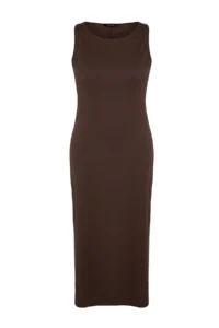 Trendyol Curve Dark Brown shift Crew Neck slit 100% Cotton Maxi/LONG Knitting Dress - Image 6