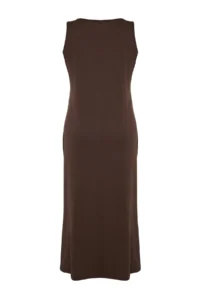 Trendyol Curve Dark Brown shift Crew Neck slit 100% Cotton Maxi/LONG Knitting Dress - Image 8