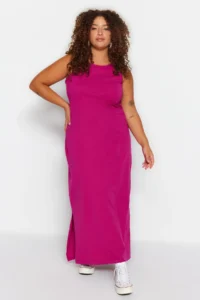 Trendyol Curve Fuchsia shift Crew Neck slit 100% Cotton Maxi/LONG Knitting Dress - Image 2